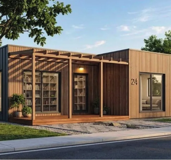 LINEA 75 – Gelijkvloerse woning met plat dak en terras onder een houten pergola.