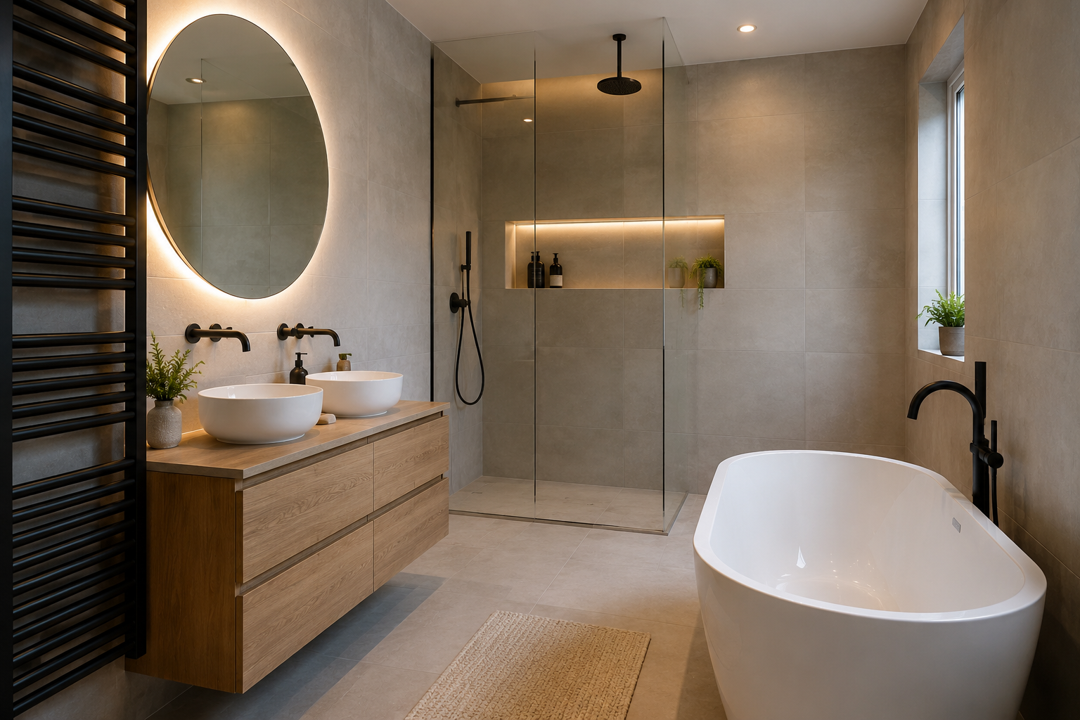 Volledig afgewerkte moderne badkamer met maatwerk en hoogwaardige afwerking
