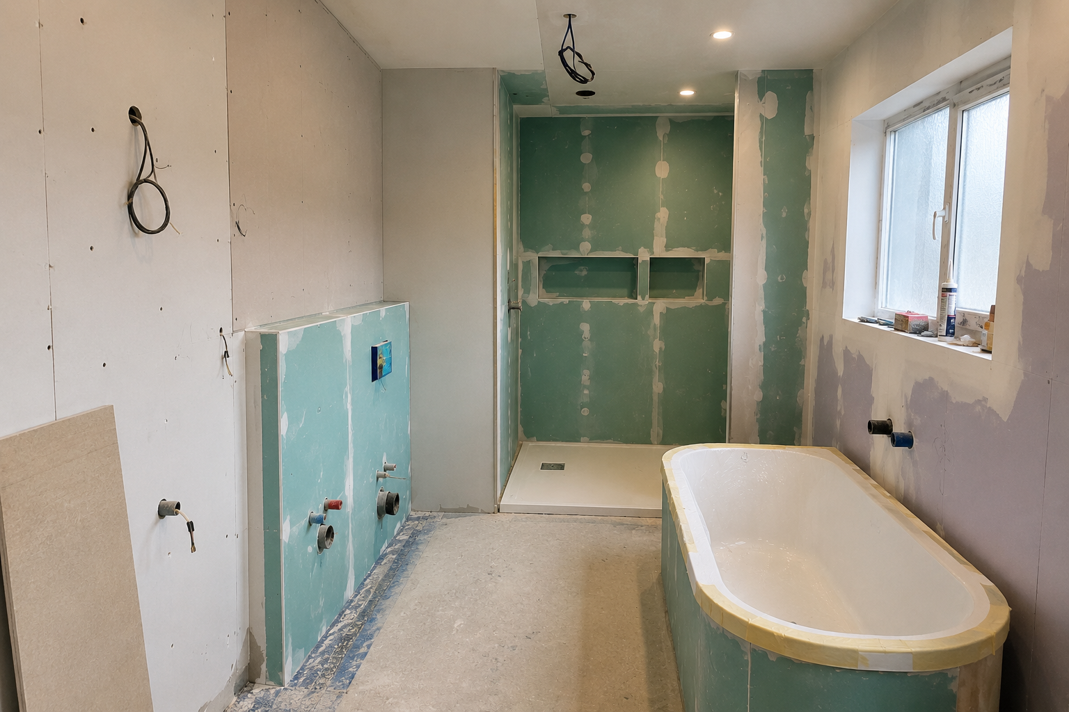 Badkamer in renovatie fase met voorbereid loodgieterswerk en douchezone