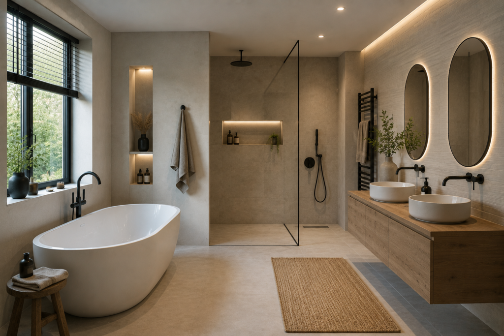 Volledig afgewerkte moderne badkamer met maatwerk en hoogwaardige afwerking